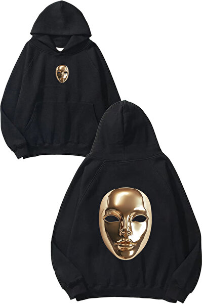 VSRN Hanorac negru supradimensionat cu glugă, cu imprimeu cu design Golden Mask