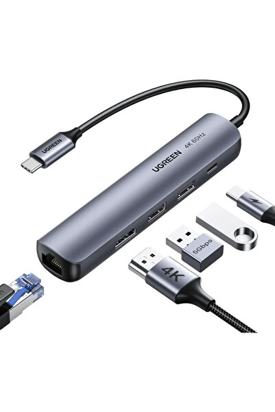 Ugreen 5-in-1 USB-C Hub with 60Hz Ethernet, 4K HDMI, 2x USB-A, USB-C, Gray