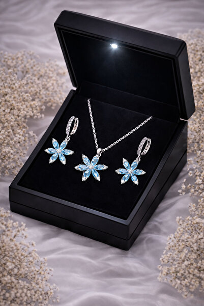 Silvanya Jewelry 925 Ayar Gümüş Renkli Taşlı Lotus Çiçeği Kadın Kolye Küpe Ta...