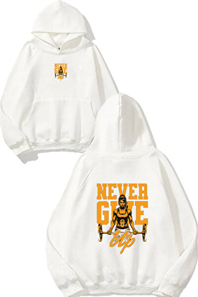VSRN Hanorac alb supradimensionat cu glugă, imprimat cu designul „Never Give Up”
