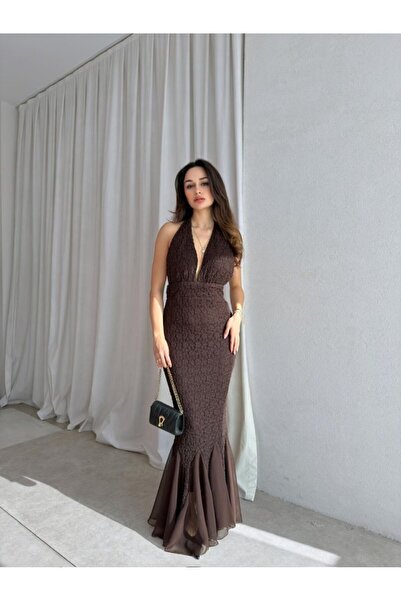 Rabia Çelik Kadın Acı Kahve Boyundan Baglamalı Sırt Dekolteli Dantelli Maxi D...