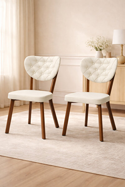 Atolye Casa Enzo Serisi 2 Adet Beyaz Keten Kumaş Mutfak Sandalyesi Kahve Meta...