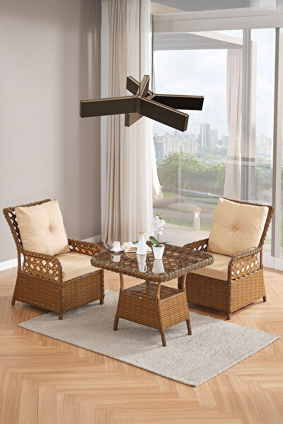 Evdemo Duru 2 Kişilik Rattan Bahçe Balkon Mutfak Masa Takımı Kahve