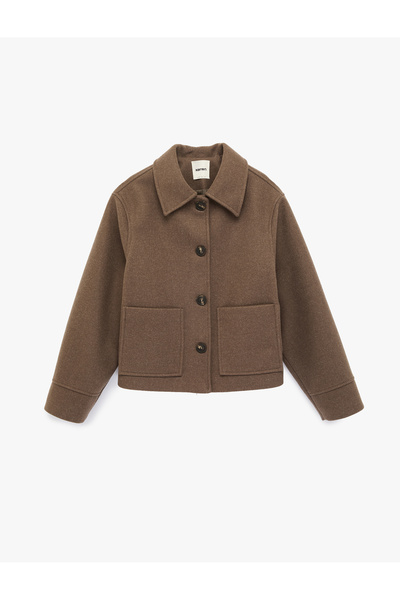 Koton Long Sleeve Pocketed Buttoned Crop Cashmere Jacket