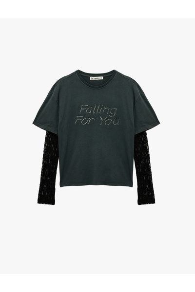 Koton Pamuklu Dantel Detaylı Uzun Kollu Bisiklet Yaka Zımba Detaylı Tişört