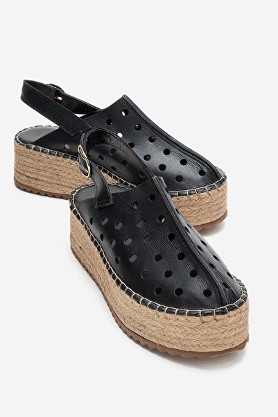 LuviShoes Fraga Black Skin Genuine Leather Women's Straw Wedge Sandals