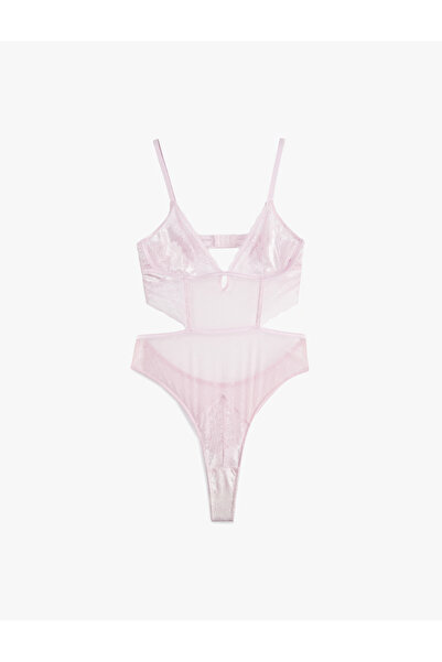 Koton Dantel Detaylı Rahat Kalıp V Yaka Tül Askılı Bodysuit