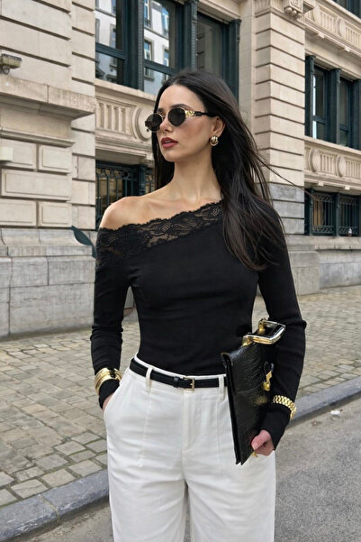 oshebu Women's Asymmetrical Collar Lace Detailed Soft Textured Long Sleeve Bl...