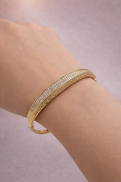 Tasarım Gold Plated Zircon Stone Detailed Women's Cuff Bracelet