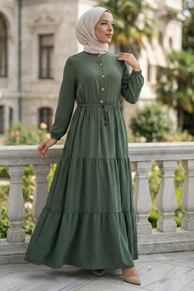 hafsamina Gathered Buttoned Lace-Up Ayrobin Dress Khaki Hm268811