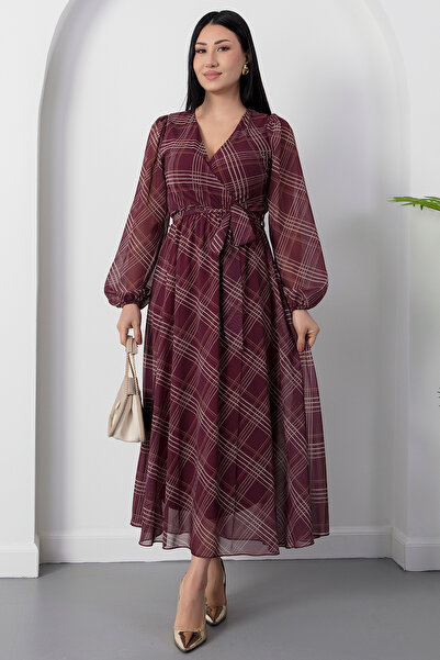 PULLIMM Double-Breasted Collar Long Sleeve Plaid Chiffon Dress 2026-4527