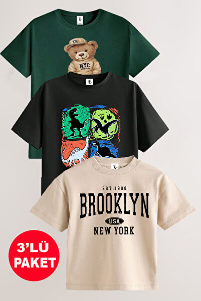 twins tailors Teddy Bear and Dinosaur Printed 3-Pack Unisex Green-Black-Beige...