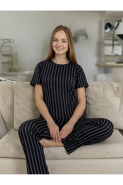 PİJALİNA TOPTAN PERAKENDE VE ONLİNE TEKSTİL Black Striped Short Sleeve Ribbed...