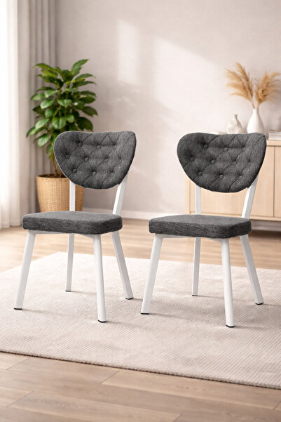Atolye Casa Enzo Serisi 2 Adet Antrasit Keten Kumaş Mutfak Sandalyesi Beyaz M...