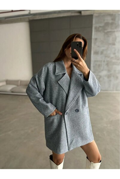My Blog Navy Blue Herringbone Patterned Oversize Cashmere Coat - 7060
