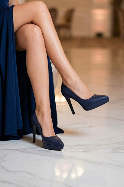 Erkan Saçmacı Scarlett Classic Navy Blue Vegan Pointed Toe Thin Platform Heel...