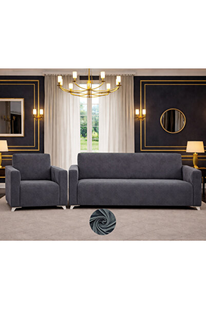 Akbal Home İtalyan Süet 3lü + Tek Kişilik Klasik Koltuk Örtüsü Lastikli Tüm G...