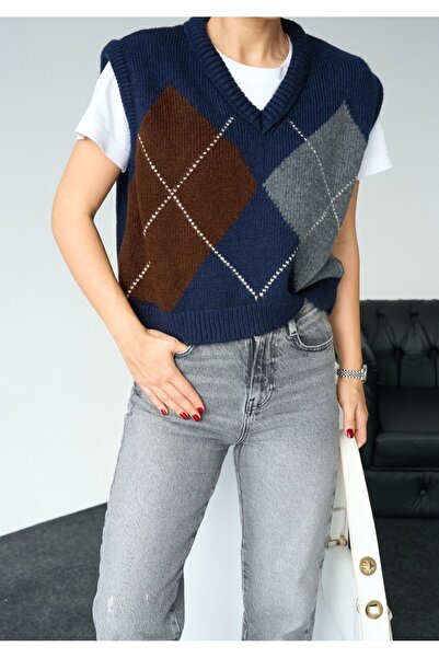 HARMONISTIL Lacivert-Acı Kahve Baklava Desen Süveter