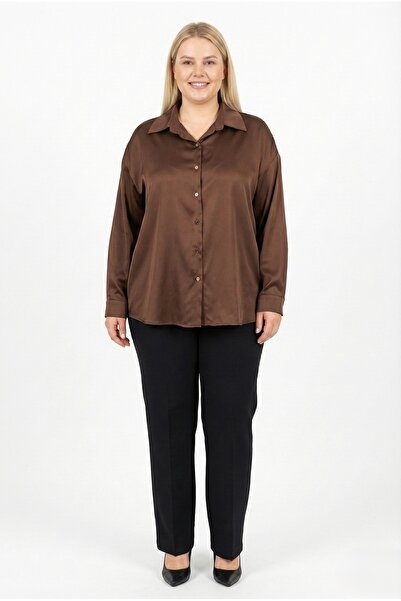 NAR ÇİÇEĞİ GİYİM Büyük Beden Uzun Kollu Düğmeli Saten Gömlek