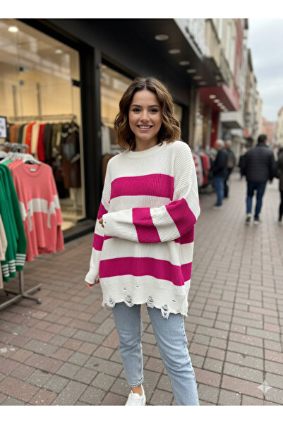 VıoShıne Pulover oversize tricot cu dungi cu gât turnu de damă