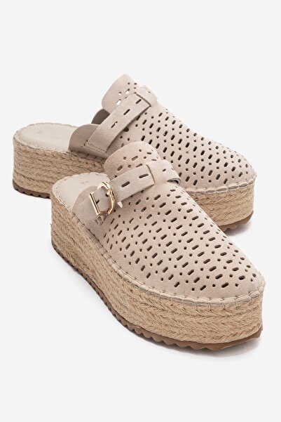LuviShoes Louis Beige Suede Genuine Leather Closed Toe Straw Wedge Sole Slippers