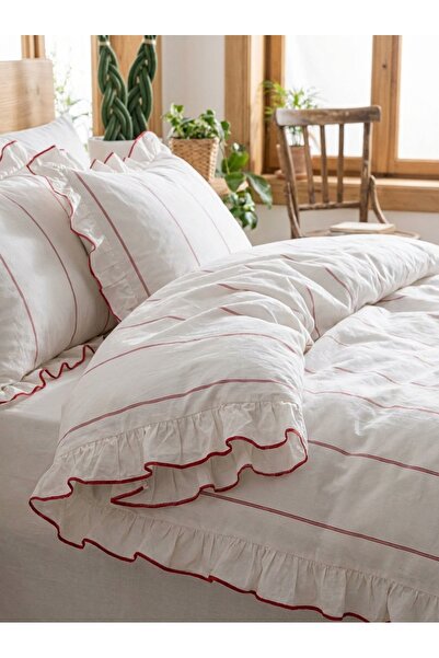Ricco Lifes Ruffled Red Striped Single Duvet Cover Set