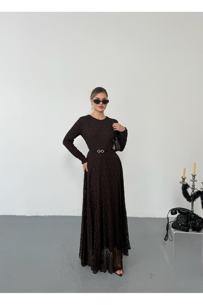 Viskosa Kemer Detaylı Uzun Astarlı Dantel Elbise