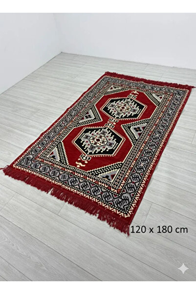 BAKIRÖZÜ HOME Pamuk Polyester Karışımlı Modern Otantik Kilim - Yahyalı Kırmız...