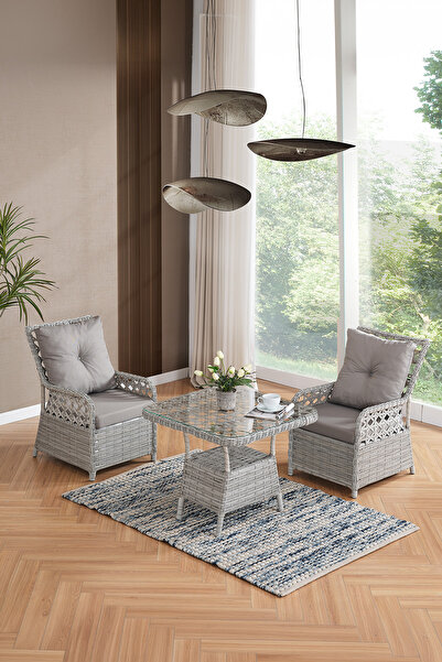 Evdemo Duru 2 Kişilik Rattan Bahçe Balkon Mutfak Masa Takımı Gri