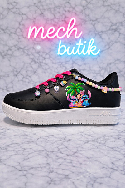 MECH BUTİK Stich Printed Black-White Lace-Up Beaded and Anklet Sports Shoes S...
