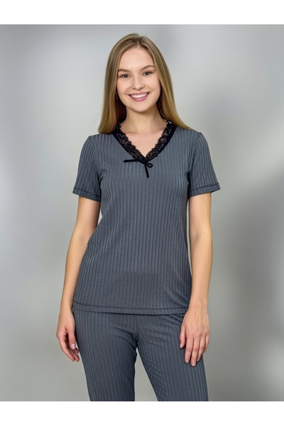 PİJALİNA TOPTAN PERAKENDE VE ONLİNE TEKSTİL Dark Gray Short Sleeve Ribbed Wom...