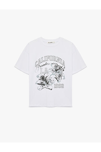 Koton Comfortable Fit Short Sleeve Crew Neck Hibiscus Printed T-Shirt