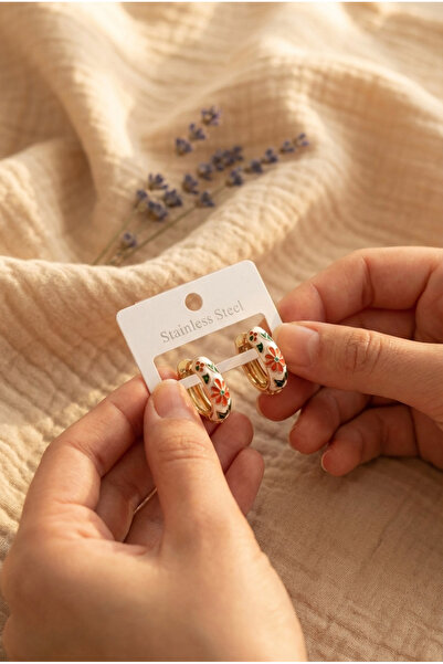 LYKOS Brass Gold Color White Color Flower Embroidery Detail Women's Earrings