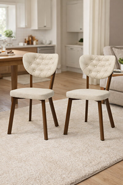 Atolye Casa Enzo Serisi 2 Adet Sütlü Kahve Keten Kumaş Mutfak Sandalyesi Kahv...