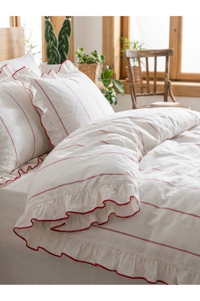 Ricco Lifes Ruffled Red Striped Double Duvet Cover Set