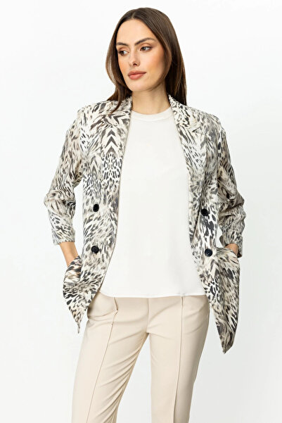 Ekol Women's Ornamental Buttoned Double Sleeve Sand Color Jacket 04094