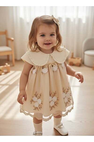 PİTABABY Luna Garden Nakışlı Kız Bebek Elbisesi & Saç Tokası Takımı – Premium...