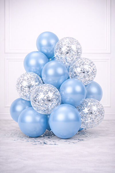 MACK PLUS 10'lu Krom Metalik Açık Mavi ve Şeffaf Balon Seti – İçi Gümüş Pullu...