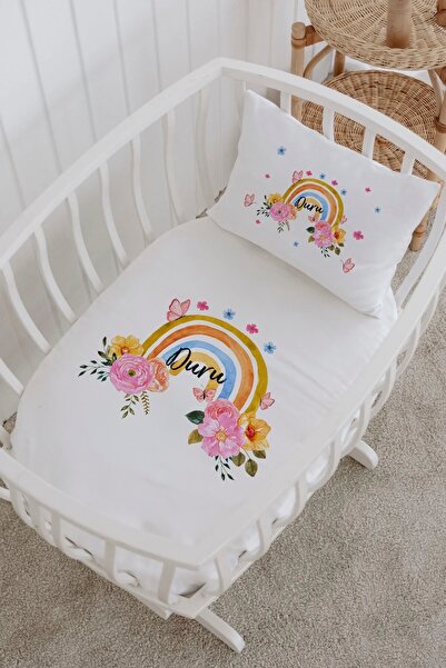 Lilabio İsme Özel %100 Pamuk lastikli Park Yatak Çarşaf Seti (60x120) Çiçekli...