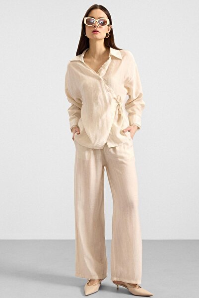 Olcay Button and Lace Closure Kimono Pants Double Set Cream 9414-Tk