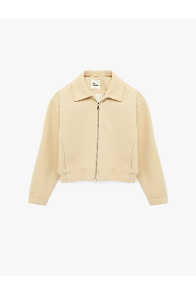 Koton Classic Collar Zippered Crop Jacket with Pocket Detail