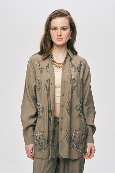 Orfeo Negro Women's Oversize Cut Shirt with Bead Embroidery on the Front and ...