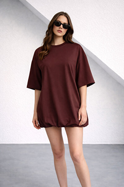 Trend Alaçatı Stili Women's Brown Balloon Cut Crew Neck Oversize T-Shirt Alc-...
