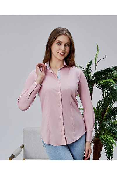 FARQIN Pastel Pembe Pamuk Polyester Kumaş Detaylı Slim Fit Kadın Gömlek
