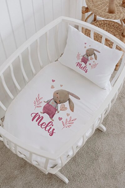 Lilabio İsme Özel %100 Pamuk Lastiksiz Park Yatak Çarşaf Seti (100X120) Pembe...