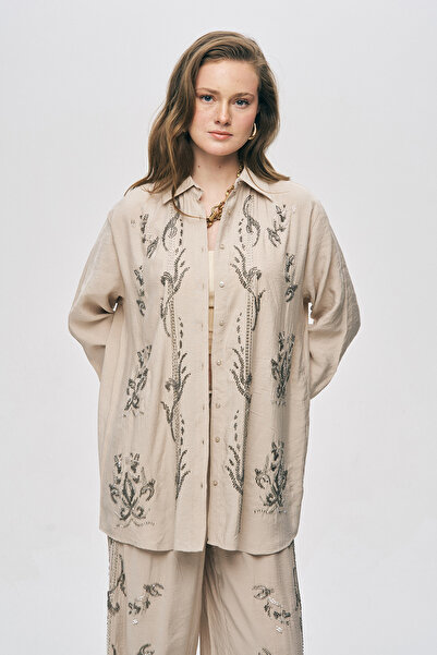 Orfeo Negro Women's Oversize Cut Shirt with Bead Embroidery on the Front and ...