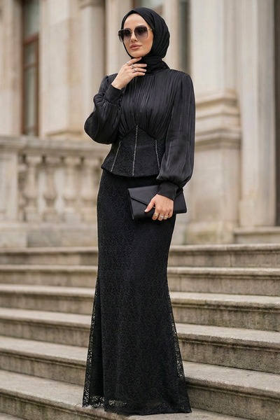 N.S NEVA STYLE Dantelli Siyah Tesettür Abiye Elbise 70135S