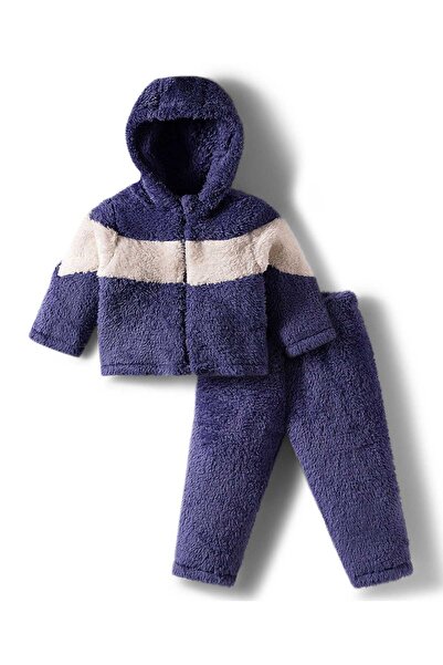 Babyhug Fur Woven Full Sleeves Color Block Hooded Winter Wear Suit Set - Whit...