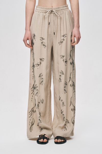 Orfeo Negro Pantaloni largi de damă cu broderie de mărgele în față și pe late...