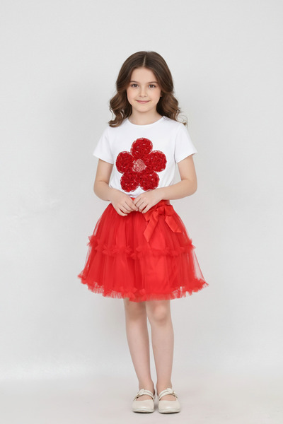 FATELLA Girl's Red Daisy T-Shirt Red Waist Satin Ruffle Skirt Set April 23 Sh...